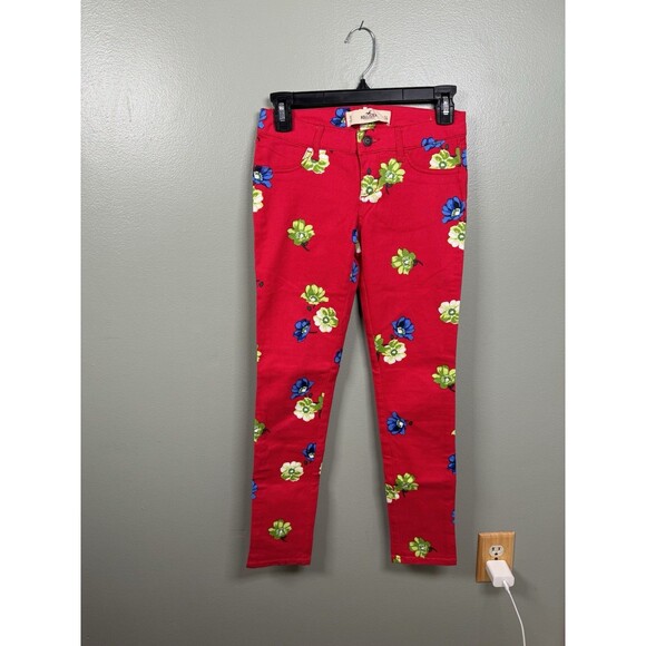 Hollister Juniors Floral Ankle Pants Red Blue Green Size 0 Waist 24 - Picture 1 of 9